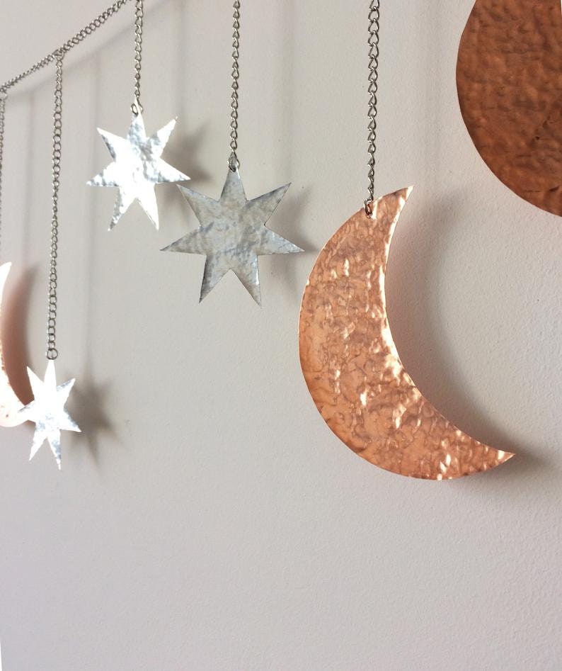 Crescent Moon Star Wall Hanging, Cosmic Lunar Phases, Hammered Copper Silver Garland Banner Horizontal Decoration Modern Decor Birthday Gift