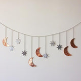 Crescent Moon Star Wall Hanging, Cosmic Lunar Phases, Hammered Copper Silver Garland Banner Horizontal Decoration Modern Decor Birthday Gift