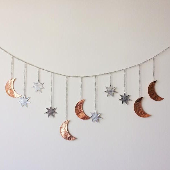 Crescent Moon Star Wall Hanging, Cosmic Lunar Phases, Hammered Copper Silver Garland Banner Horizontal Decoration Modern Decor Birthday Gift