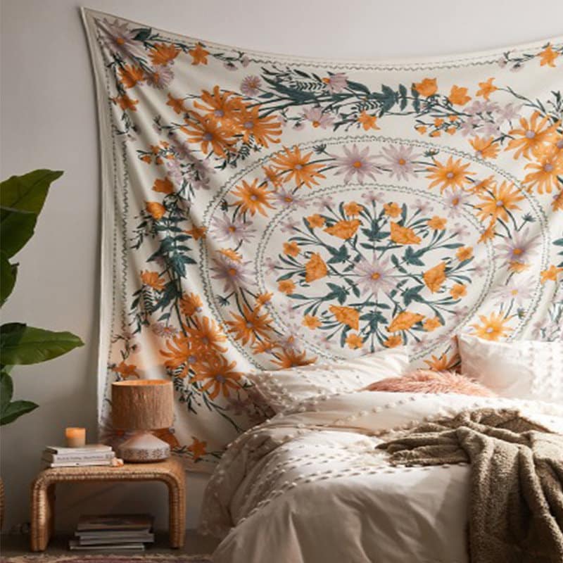 XL 60x80" Yellow Floral Daisy Mandala Boho Medallion Hippie Black Light Tapestry Festival Wall Hanging Bedroom Decor Large Remote Gift
