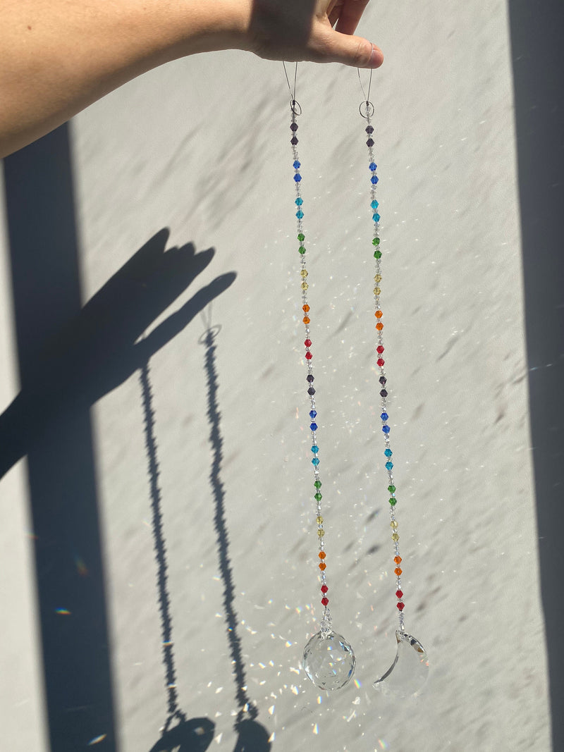 Crescent Moon & Sun Suncatcher Set Chakra Prism Sun Catcher Rear View Mirror Car Charm Crystal Ornament Gift Decor Rainbow Maker Bridesmaid
