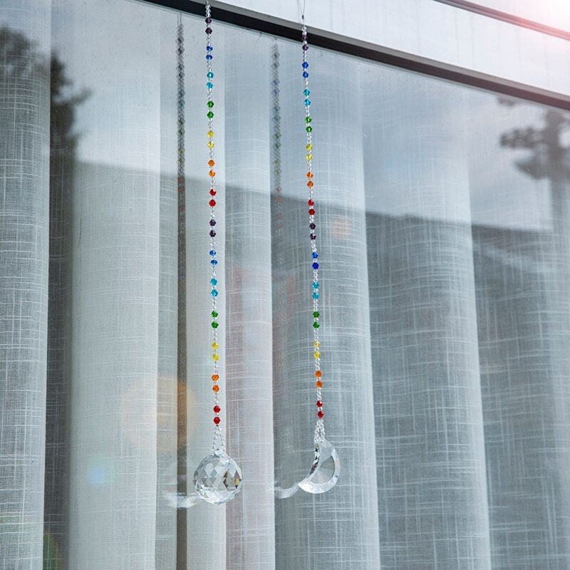 Crescent Moon & Sun Suncatcher Set Chakra Prism Sun Catcher Rear View Mirror Car Charm Crystal Ornament Gift Decor Rainbow Maker Bridesmaid