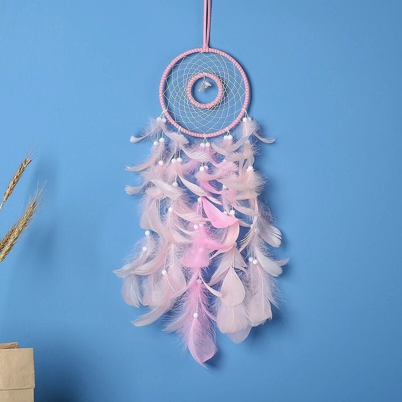 Pale Pink Dream Catcher Dolphin Charm Dreamcatcher Fairy Lights Beaded Feather Unique Wall Art Decoration Girl Nursery Zen Boho Decor