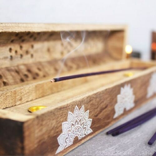 Hand Crafted Mandala Design Holder Wood Box & Incense Gift Set, Wooden Design with Storage, Aromatherapy Incense Burner, Housewarming Home