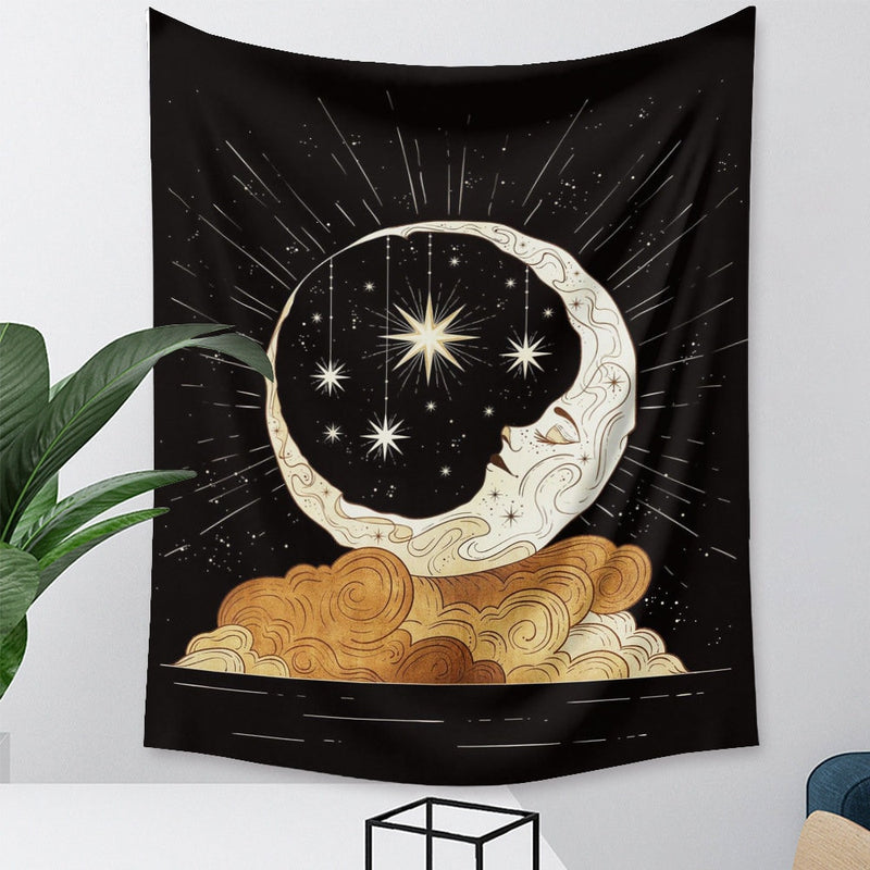 XL Large 60x80" Black White Moon Cloud Star Tarot Black Light Tapestry Wall Hanging Fairy Lights Remote Control Lunar Phase Goddess Home