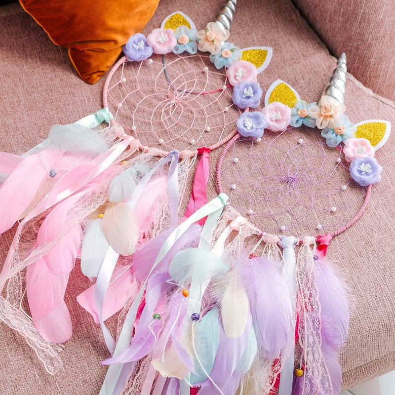 Pink Unicorn Floral Feather Beaded Dream Catcher Fairy Lights Unique Wall Art Girls Kids Room Large Lavender Teal Mint Dreamcatcher Nursery