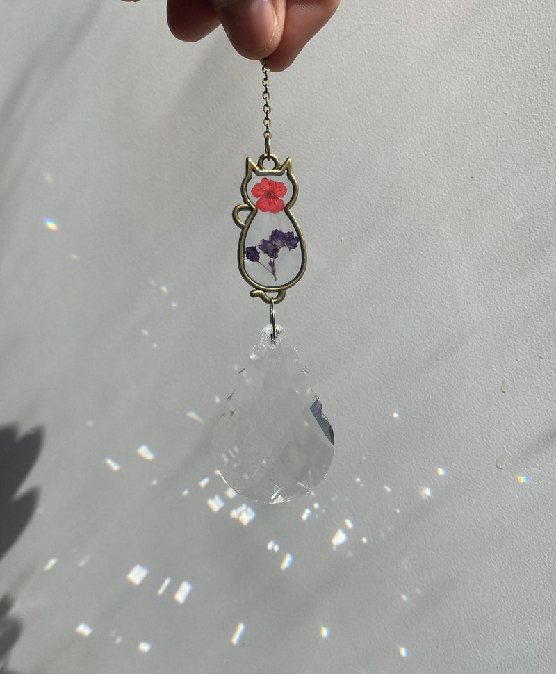 Choose 1 or Set of 3 Cat Suncatcher Dried Flowers 4 Leaf Clover Pendant Crystal Ornament Home Garden Window Kitty Birthday Bridesmaid Gift