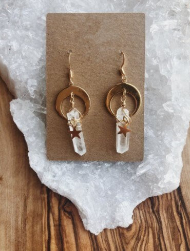 Spelled Clear Aura Quartz Moon Star Wire Wrapped Earrings, Dangle Statement Crystal Gemstone Protection Birthday Gift for Her Mother's Day