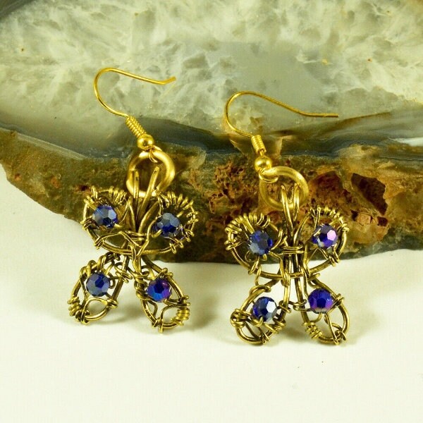 Handmade Rainbow Blue Shiny Crystal Butterfly Earrings Copper Wire Wrapped, Dangle Statement Birthday Gift for Her Valentines Day