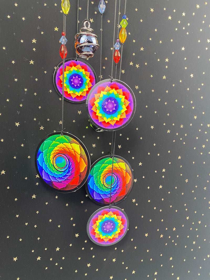 Hippie Tie Dye Flower of Life Metal Wind Chime Crystal Chakra Large Fengshui Suncatcher Rainbow Maker Garden Memorial Sympathy Gift