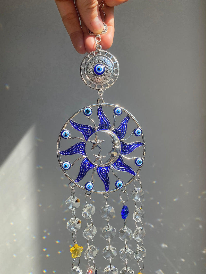 Large Turkish Blue Evil Eye Crescent Moon Sun Stars Crystal Suncatcher Decor Prism Balls Rainbow Maker Home Garden Nursery Window