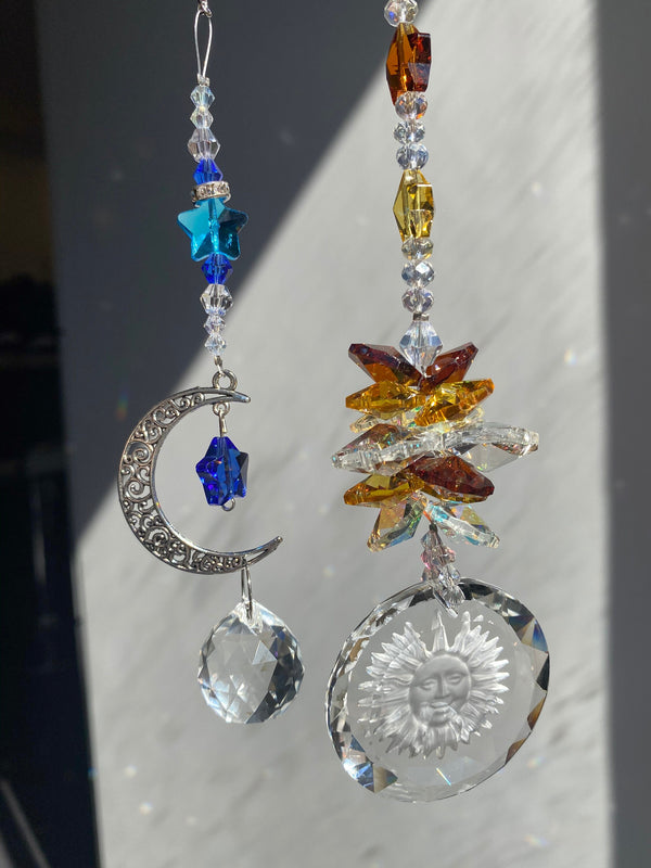 Crescent Moon & Sun Suncatcher Set Prism Ball Rear View Mirror Car Charm Crystal Decor Rainbow Maker Bridesmaid Window Hangings