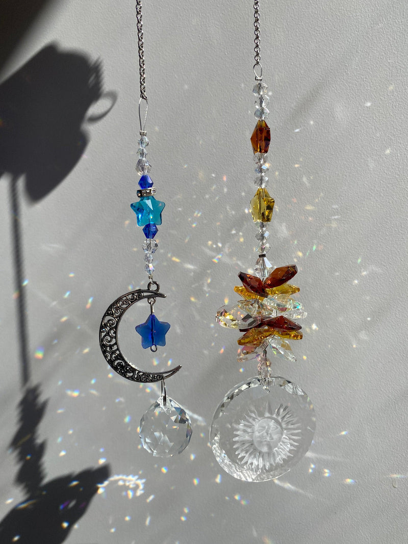 Crescent Moon & Sun Suncatcher Set Prism Ball Rear View Mirror Car Charm Crystal Decor Rainbow Maker Bridesmaid Window Hangings