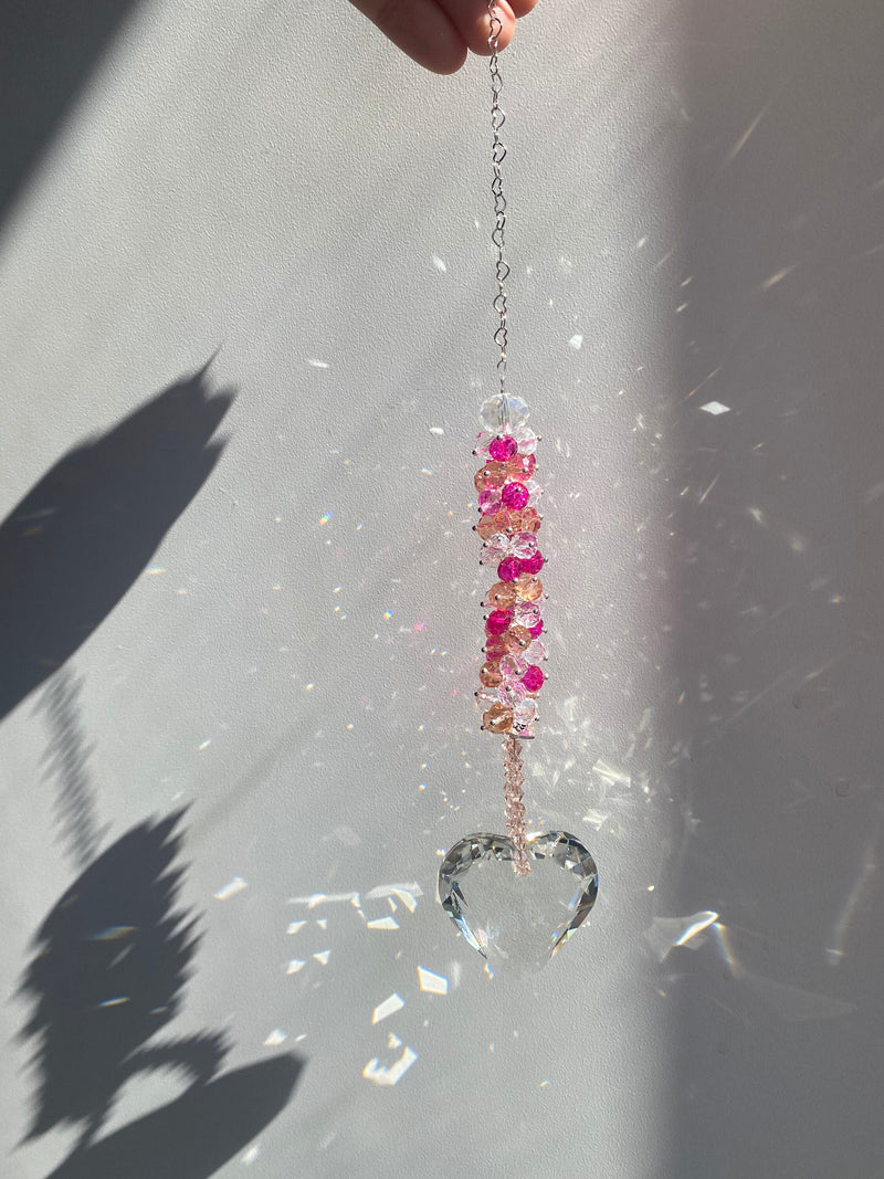 Pink Beaded Heart Prism Suncatcher Crystal Rainbow Maker Ornament Window Decoration Girl Decor Valentines Day Birthday Gift For Friend