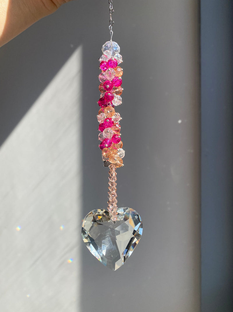 Pink Beaded Heart Prism Suncatcher Crystal Rainbow Maker Ornament Window Decoration Girl Decor Valentines Day Birthday Gift For Friend