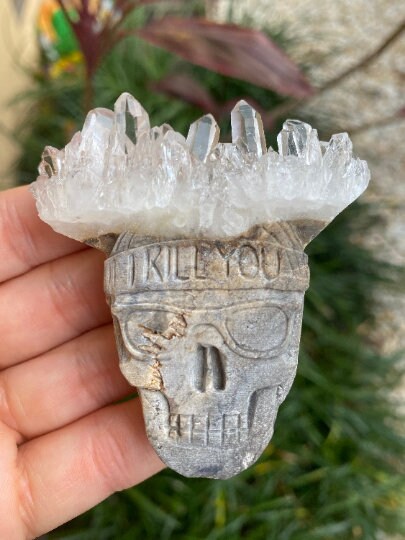 2.72" 80g Clear Quartz Skull Hand Carved Crystal, Biker Musician Unique Gift Healing Spiritual Gangster Birthday Anniversary Father's Day