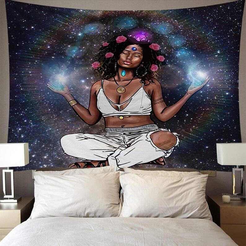 XL 60x80" Dark Skinned Woman Goddess Halo Galaxy Astrology Black Light Tapestry Fairy Light Boho Hippie Wall Hanging Large Festival Birthday