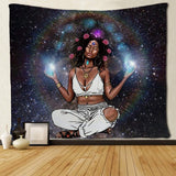 XL 60x80" Dark Skinned Woman Goddess Halo Galaxy Astrology Black Light Tapestry Fairy Light Boho Hippie Wall Hanging Large Festival Birthday