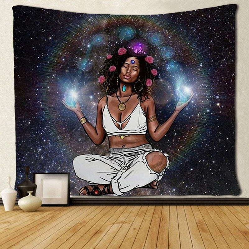 XL 60x80" Dark Skinned Woman Goddess Halo Galaxy Astrology Black Light Tapestry Fairy Light Boho Hippie Wall Hanging Large Festival Birthday