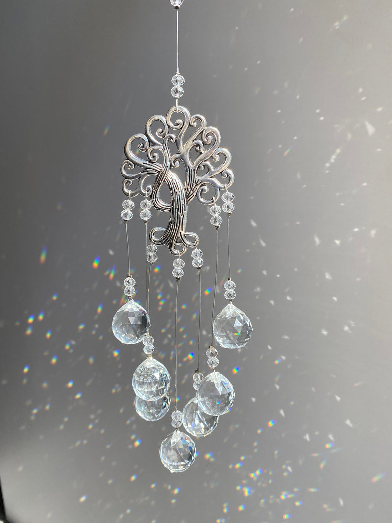 Tree of Life Sun Catcher 18" x 2.5" Crystal Prism Ball Charm Suncatcher Silver Metal Ball Pendant Rainbow Maker Bridesmaid Gift