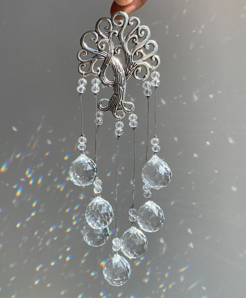 Tree of Life Sun Catcher 18" x 2.5" Crystal Prism Ball Charm Suncatcher Silver Metal Ball Pendant Rainbow Maker Bridesmaid Gift