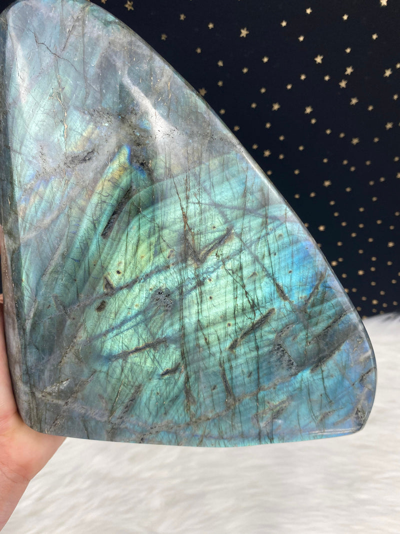 9.5” 4lb 7oz Dark Blue Teal Labradorite from Madagascar XL Self Standing Freeform 2000g Orange Yellow Quartz Natural Large Crystal