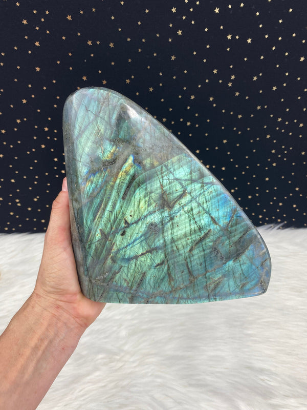 9.5” 4lb 7oz Dark Blue Teal Labradorite from Madagascar XL Self Standing Freeform 2000g Orange Yellow Quartz Natural Large Crystal