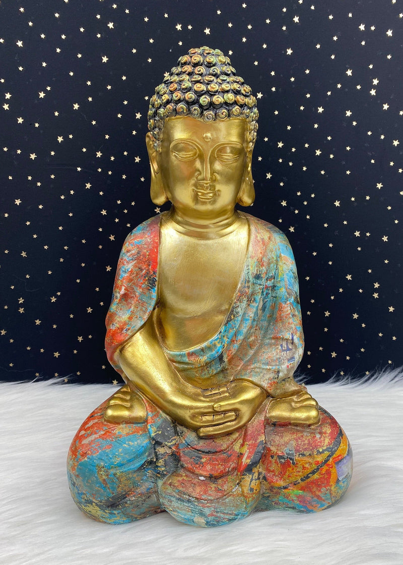 Hand Painted Meditation Buddha Statue, 12" Large Unique Altar Shrine Watercolor Gold Good Luck Birthday Spiritual Housewarming Gift