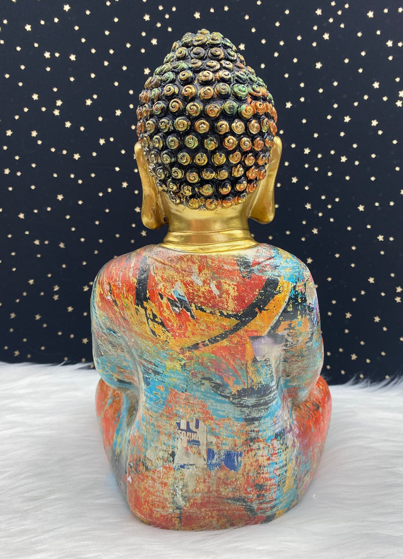 Hand Painted Meditation Buddha Statue, 12" Large Unique Altar Shrine Watercolor Gold Good Luck Birthday Spiritual Housewarming Gift