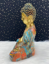 Hand Painted Meditation Buddha Statue, 12" Large Unique Altar Shrine Watercolor Gold Good Luck Birthday Spiritual Housewarming Gift