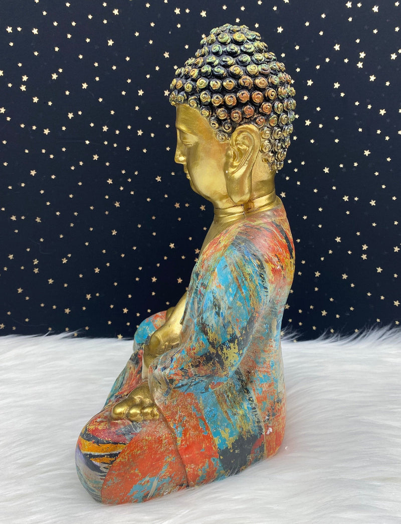 Hand Painted Meditation Buddha Statue, 12" Large Unique Altar Shrine Watercolor Gold Good Luck Birthday Spiritual Housewarming Gift