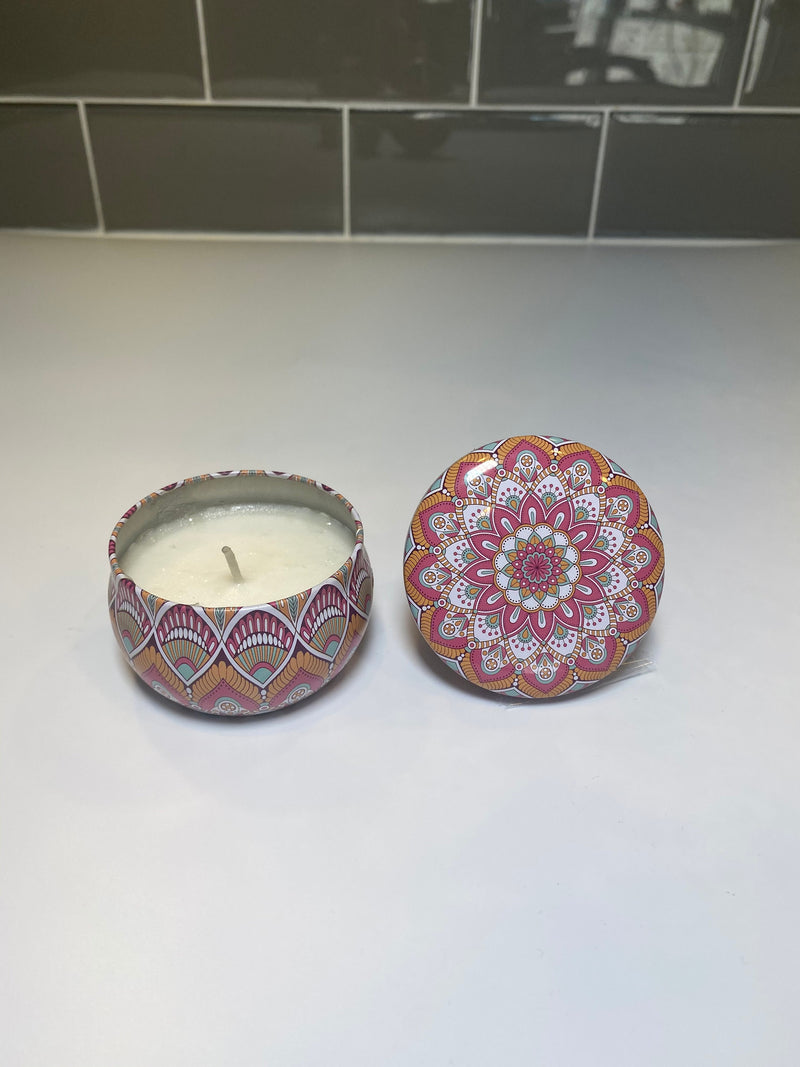 Natural Luxury Scented Candles Gift Set, 4 2.5oz Boho Eclectic Pattern Tins with Lid, Self Care, Birthday, Anniversary Housewarming Wedding