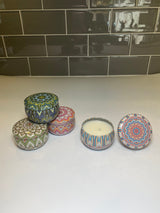 Natural Luxury Scented Candles Gift Set, 4 2.5oz Boho Eclectic Pattern Tins with Lid, Self Care, Birthday, Anniversary Housewarming Wedding