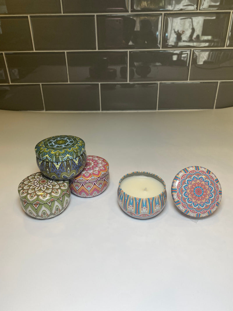 Natural Luxury Scented Candles Gift Set, 4 2.5oz Boho Eclectic Pattern Tins with Lid, Self Care, Birthday, Anniversary Housewarming Wedding