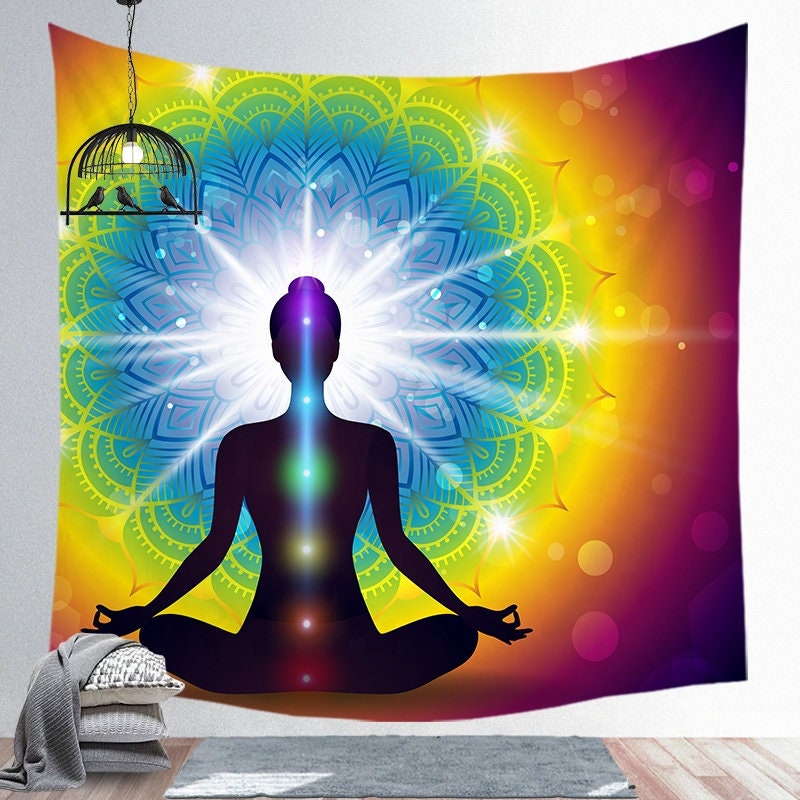 XL 60x80" Chakra Mandala Meditation Black Light Tapestry Wall Hanging Festival Large Bright Colors Buddhist Yoga Studio Lights Remote