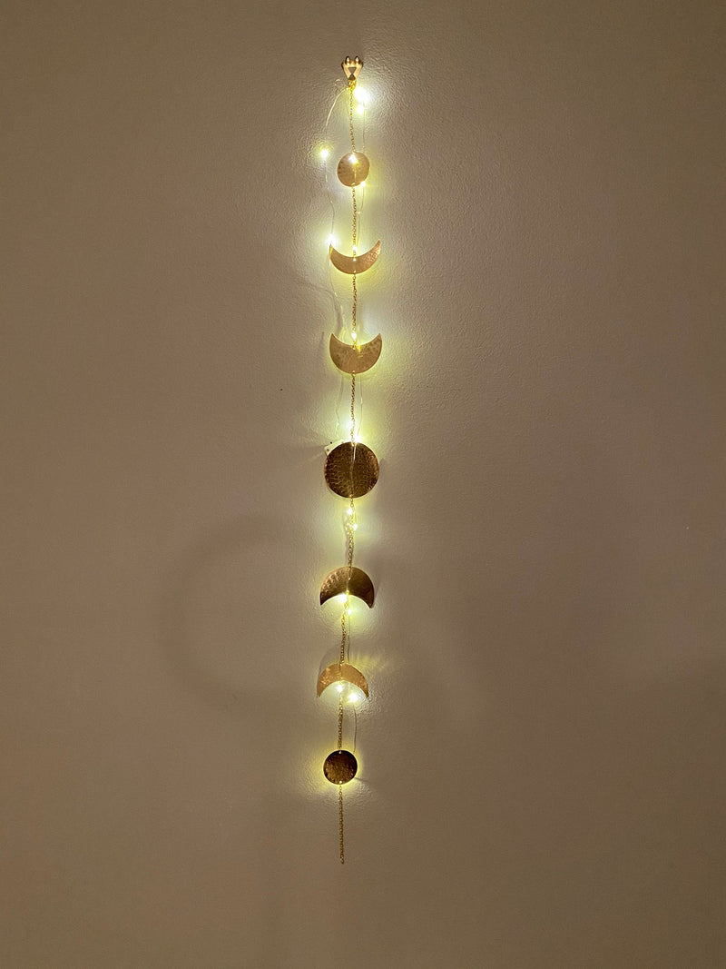 7 Metal Moon Phase Wall Hanging Decor with Lights Hammered Brass Garland Horizontal Vertical Decoration Housewarming Wedding Arch Birthday
