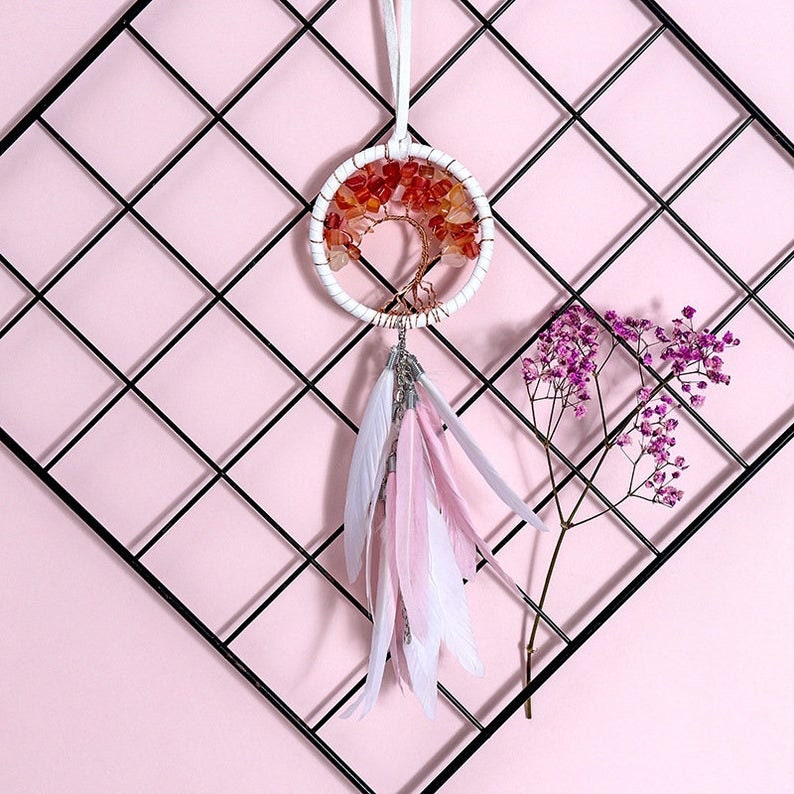 Cute Tree of Life Pink White Feather Dreamcatcher FREE SHIP Car Rear View Mirror Small Accessory Window Charm Suncatcher Pendant