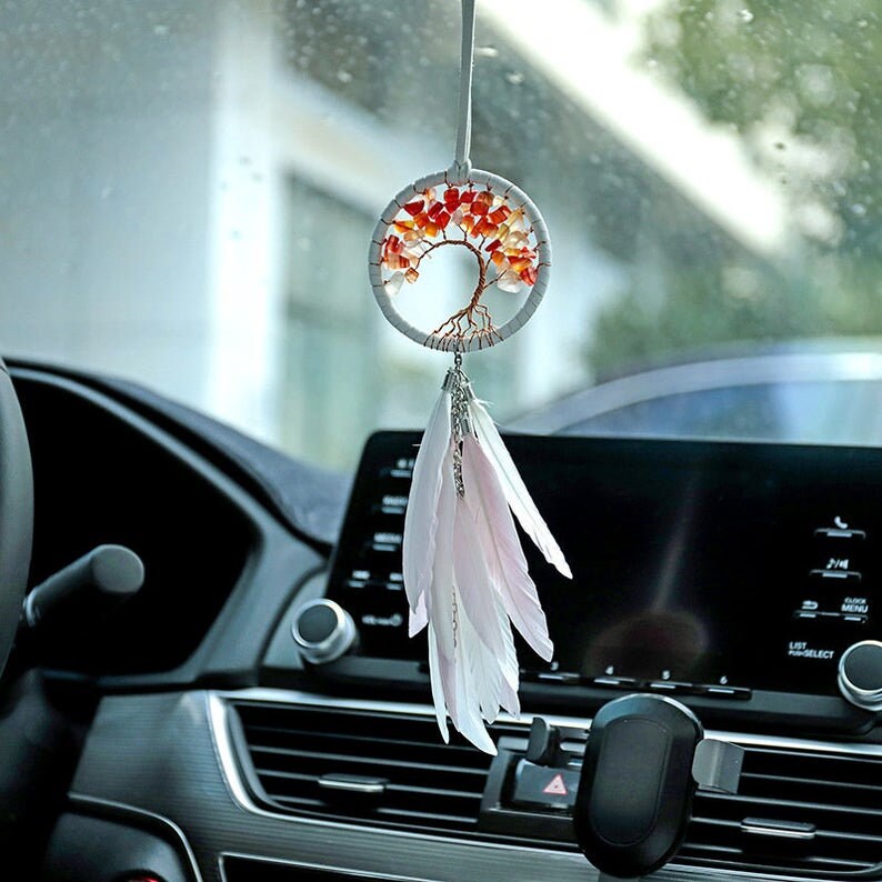 Cute Tree of Life Pink White Feather Dreamcatcher FREE SHIP Car Rear View Mirror Small Accessory Window Charm Suncatcher Pendant