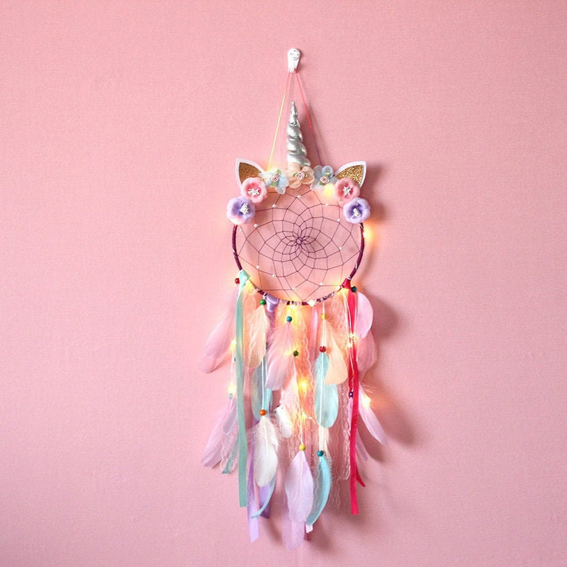 Purple Unicorn Floral Feather Beaded Dream Catcher Fairy Light Unique Wall Art Girls Kids Room Large Lavender Teal Mint Dreamcatcher Nursery