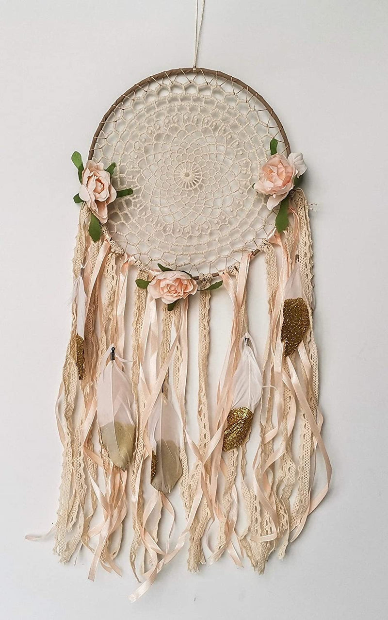 Boho White Gold Feather Floral Dreamcatcher Country Rustic Wedding Photos Decoration Unique Wall Hanging Natural Dream Catcher Zen Nursery