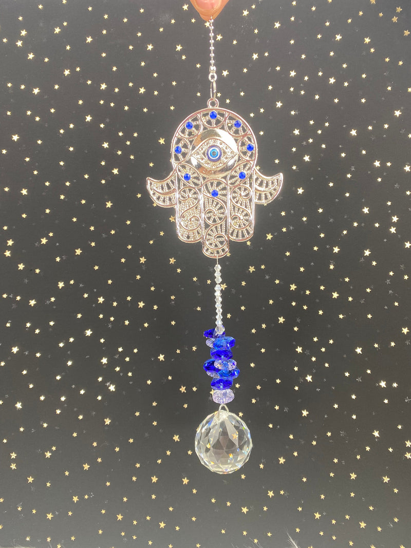 Evil Eye Blue Hamsa Sun Catcher Turkish Hand Palm Crystal Suncatcher Prism Wall Hanging Large Rainbow Maker Window Nursery Decor