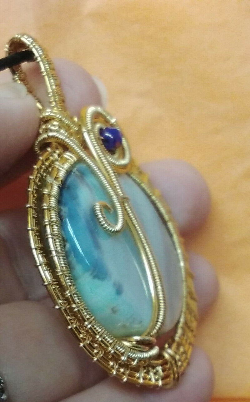 Handmade Aqua Moon Agate Wire Wrapped Crystal Pendant Necklace w Czeck , Gemstone Non-tarnish Wire Fiancé Girlfriend Birthday Valentines Day