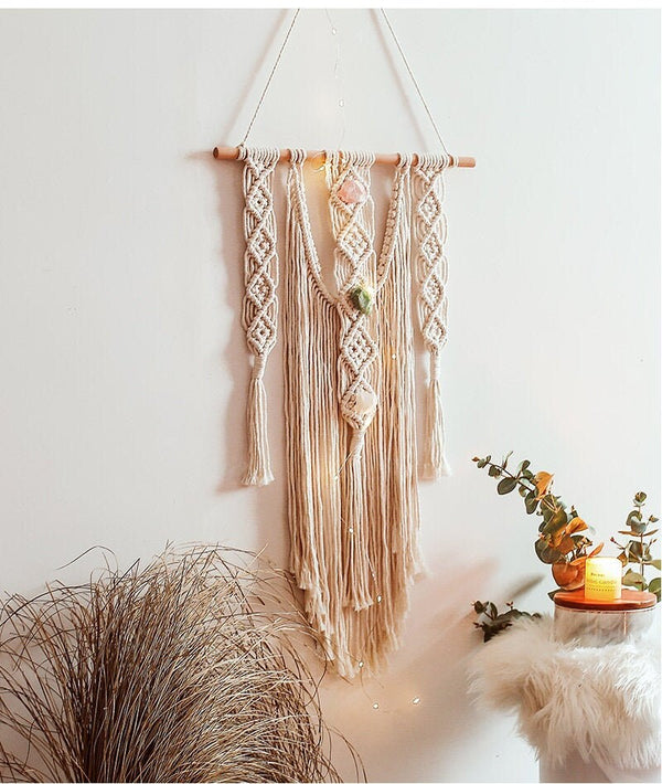 Large Crystal Macrame Tapestry Wall Hanging Rose Quartz Clear Quartz & Jade Optional (UNASSEMBLED Fairy Lights) Neutral Housewarming