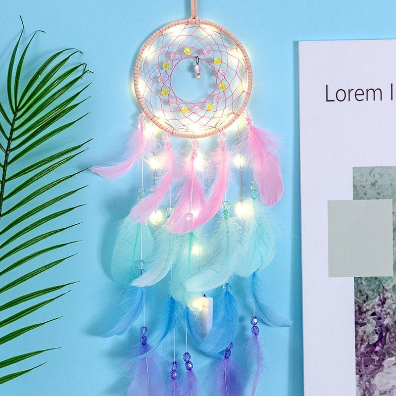 Feather Dream Catcher, Pink, Mint, Lavender, Blue, Dreamcatcher Large Nursery Wall Hanging Decor, Fairy Lights