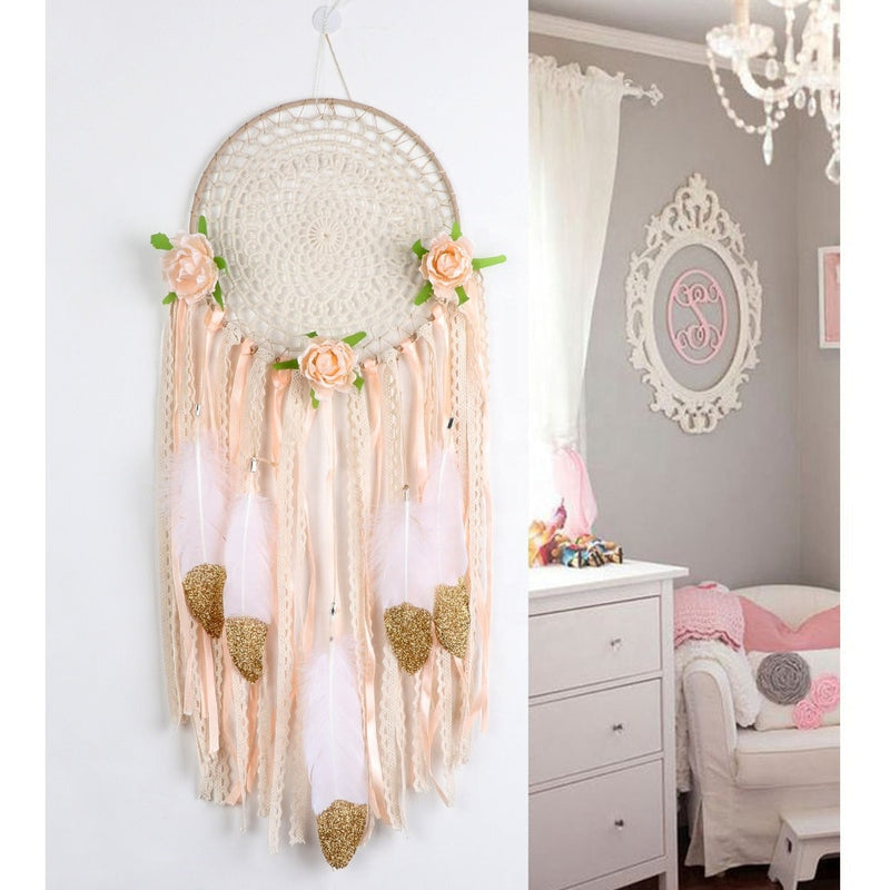 Boho White Gold Feather Floral Dreamcatcher Country Rustic Wedding Photos Decoration Unique Wall Hanging Natural Dream Catcher Zen Nursery