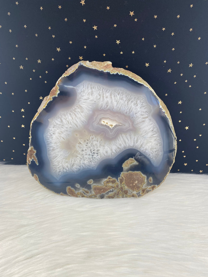 Large Gray Navy Banded Agate Slice Cheese Board - 3lb 12oz - Display Cluster 8" x 8.5" 1690g Black Crystal from Brazil Reiki Birthday Gift