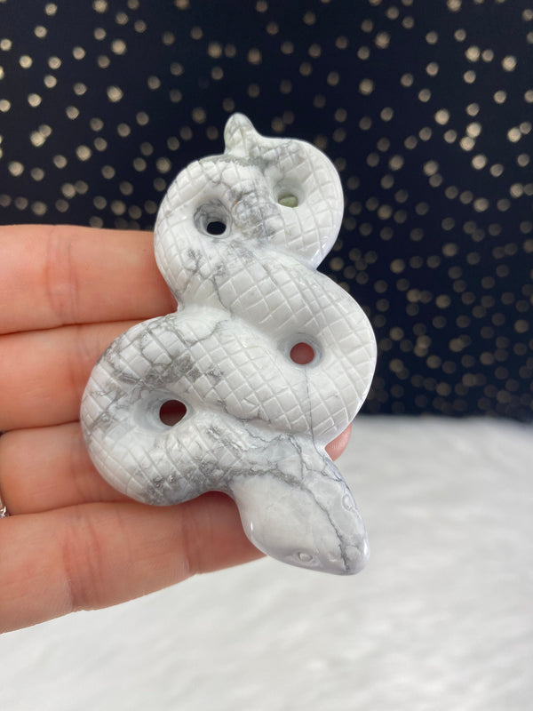 White Gray Howlite Snake Hand Carved Crystal for Inspiration Creativity Wisdom Self Awareness Gemini Altar Tile Birthday Alter