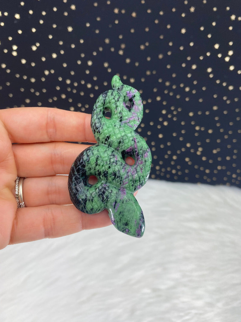 Green Pink Anyolite Ruby Zoisite Snake Hand Carved Crystal for Heart Chakra Dream Recall Relaxation Altar Tile Birthday Alter