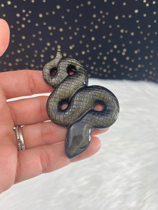 Goldsheen Obsidian Snake Hand Carved Crystal for Base Chakra Manifestation Psychic Ability Purification Altar Tile Birthday Alter Golden