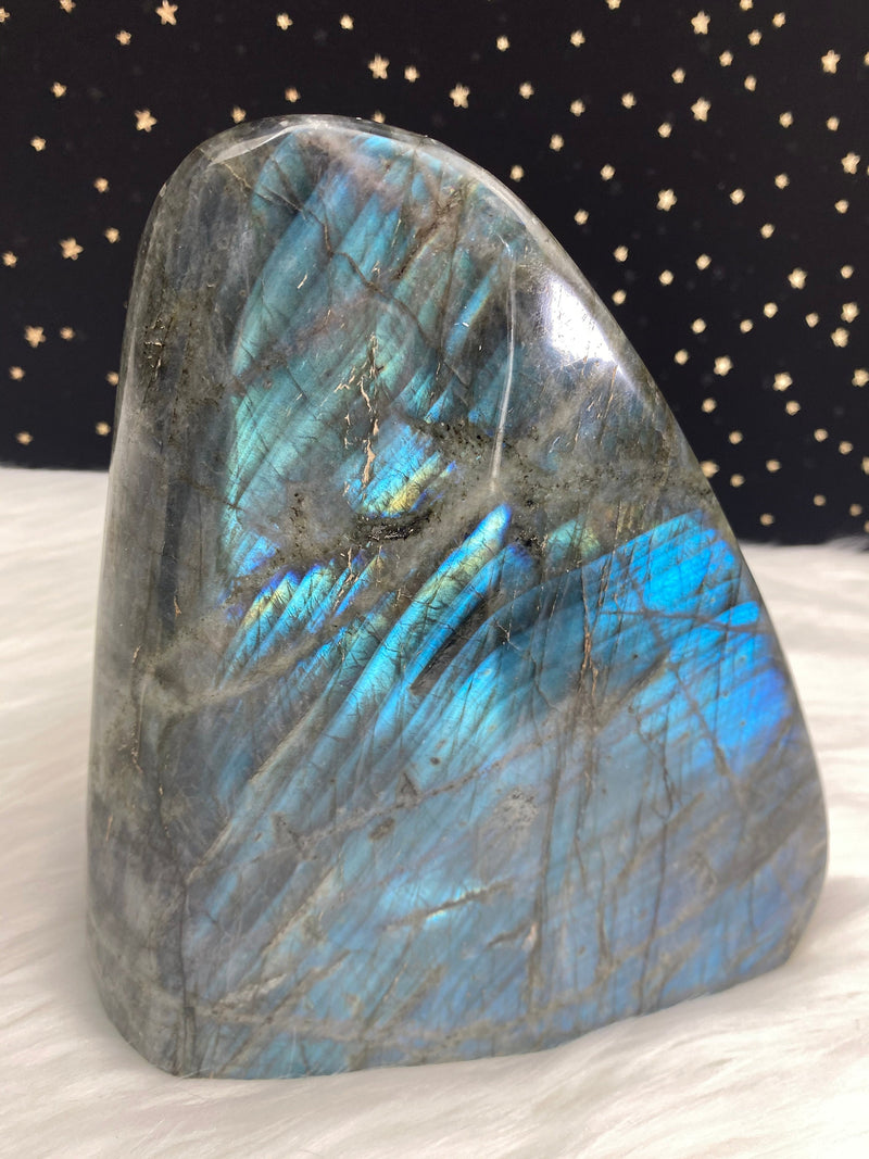 9.5” 4lb 7oz Dark Blue Teal Labradorite from Madagascar XL Self Standing Freeform 2000g Orange Yellow Quartz Natural Large Crystal